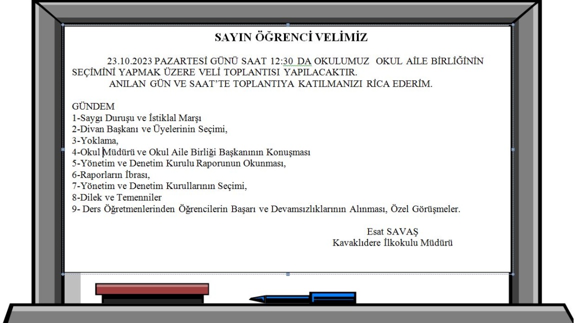 23.10.2023 PAZARTESİ GÜNÜ SAAT 12:30  DA OKULUMUZ  OKUL AİLE BİRLİĞİNİN SEÇİMİNİ YAPMAK ÜZERE VELİ TOPLANTISI YAPILACAKTIR.